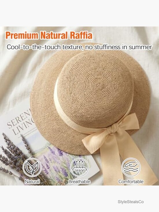 Luxury Raffia Wide Brim Sun Hat with Ribbon Band UPF 50+